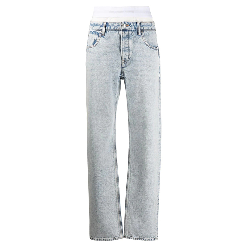 2022 spring new stitching washed denim trousers big-name women's fashion high waist slim letter embroidery stretch casual pants